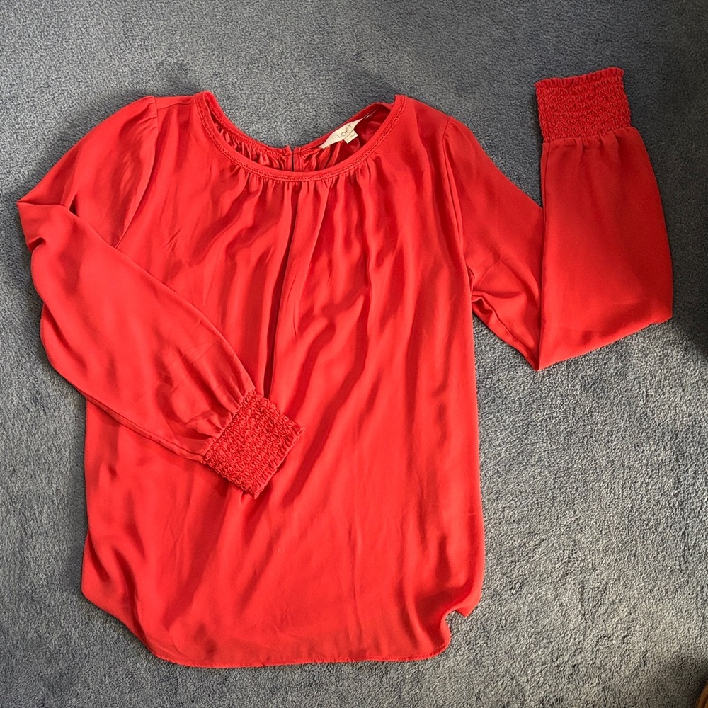 LOFT Vibrant Orange Blouse with Smocked Cuffs